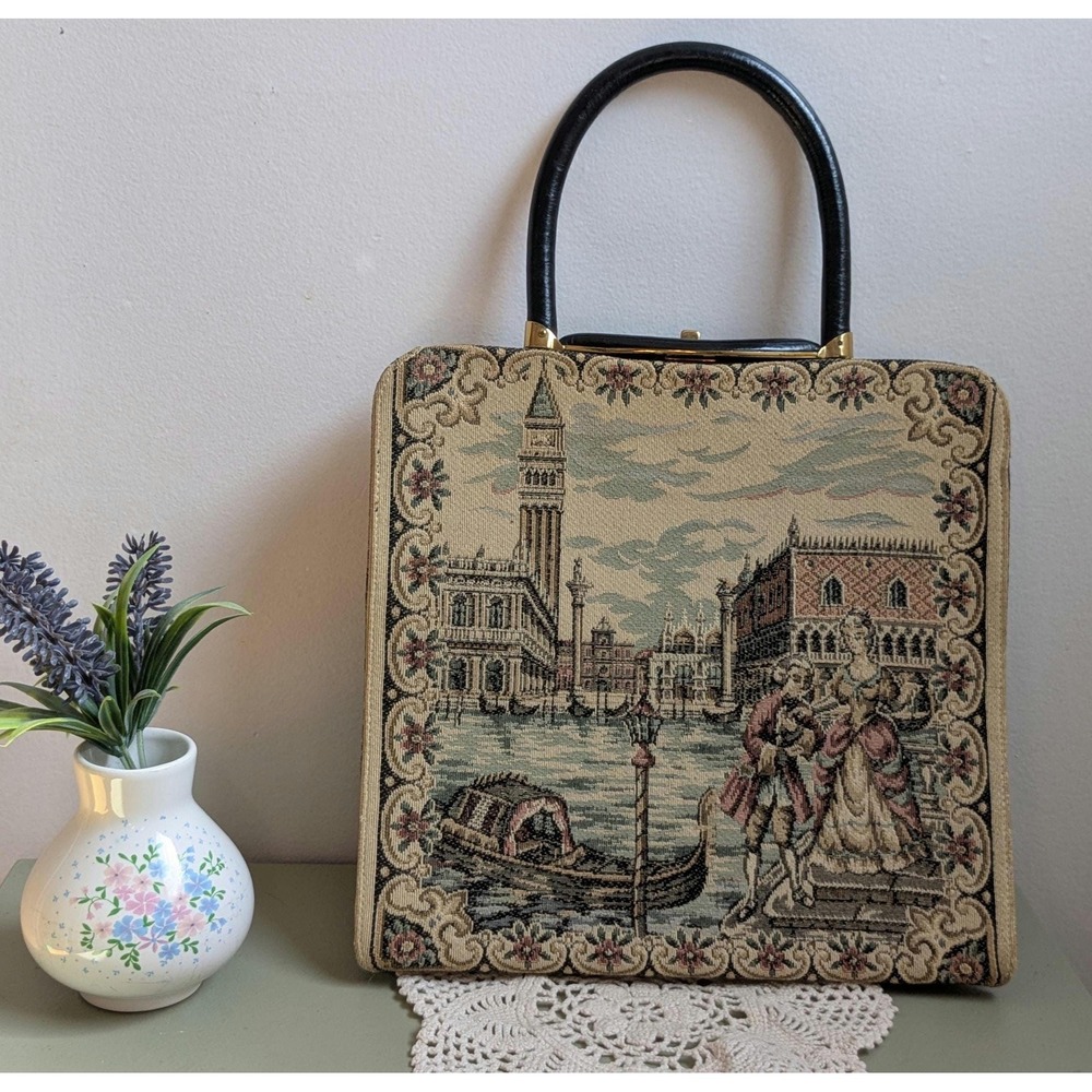 Vintage 1950s La Marquise Venice Tapestry Handbag Structured Purse